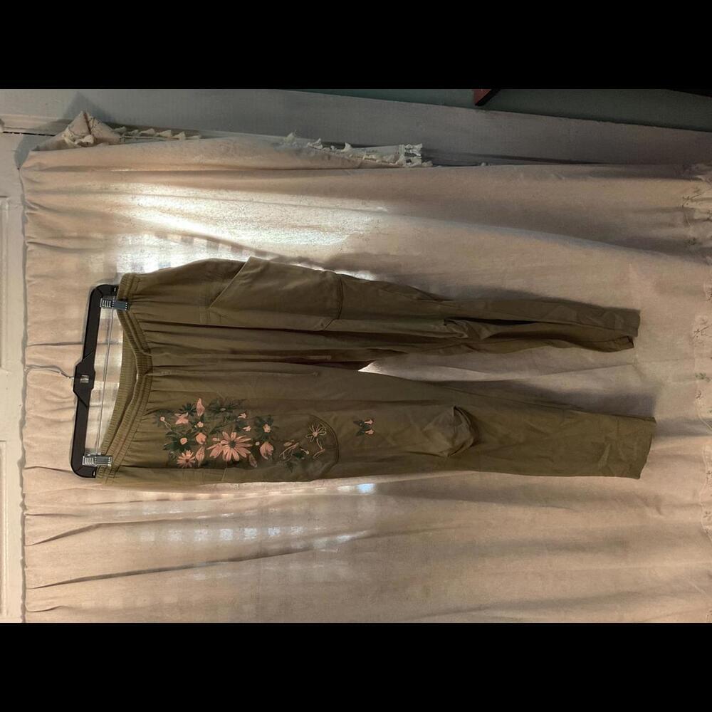 Oslo  Army Green Floral and butterfly Painted Cargo Pants Size 12